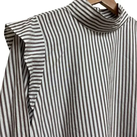 Everlane NWT Brown White Striped Mock Neck Cotton Blouse Size 12 - Picture 5 of 7
